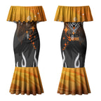 Personalized Wests Tigers Couples Matching Mermaid Dress and Long Sleeve Button Shirt Y2K Grunge Aesthetic With Cyber Flames and Starburst Graphics