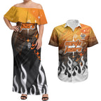 Personalized Wests Tigers Couples Matching Off Shoulder Maxi Dress and Hawaiian Shirt Y2K Grunge Aesthetic With Cyber Flames and Starburst Graphics