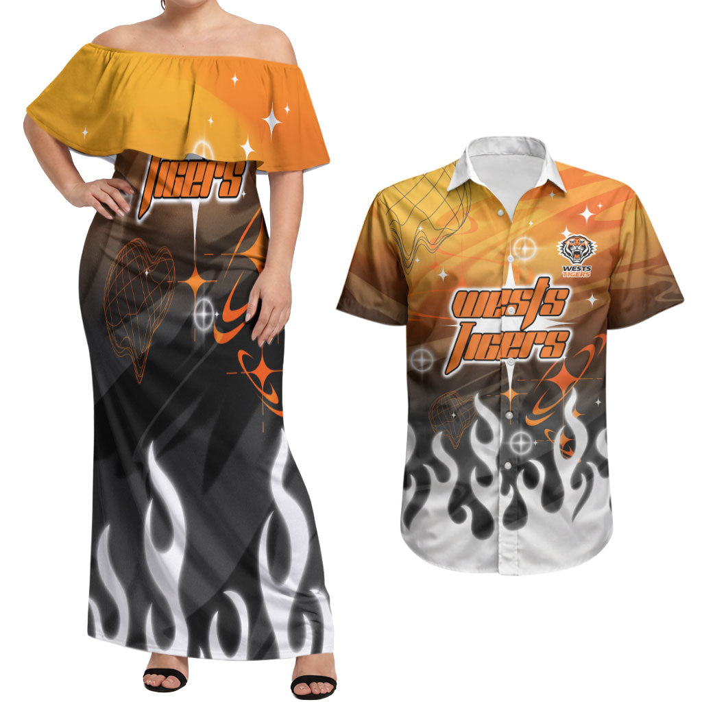 Personalized Wests Tigers Couples Matching Off Shoulder Maxi Dress and Hawaiian Shirt Y2K Grunge Aesthetic With Cyber Flames and Starburst Graphics
