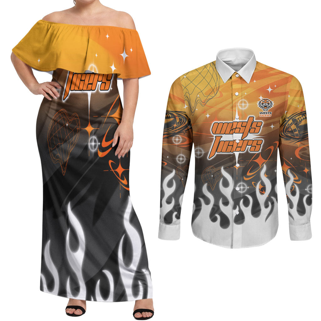 Personalized Wests Tigers Couples Matching Off Shoulder Maxi Dress and Long Sleeve Button Shirt Y2K Grunge Aesthetic With Cyber Flames and Starburst Graphics