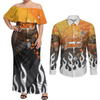 Personalized Wests Tigers Couples Matching Off Shoulder Maxi Dress and Long Sleeve Button Shirt Y2K Grunge Aesthetic With Cyber Flames and Starburst Graphics