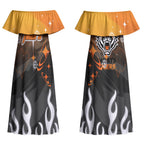Personalized Wests Tigers Couples Matching Off Shoulder Maxi Dress and Long Sleeve Button Shirt Y2K Grunge Aesthetic With Cyber Flames and Starburst Graphics