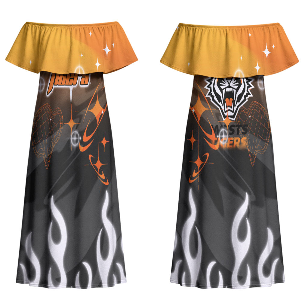 Personalized Wests Tigers Couples Matching Off Shoulder Maxi Dress and Long Sleeve Button Shirt Y2K Grunge Aesthetic With Cyber Flames and Starburst Graphics