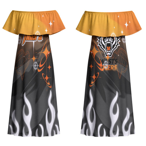 Personalized Wests Tigers Couples Matching Off Shoulder Maxi Dress and Long Sleeve Button Shirt Y2K Grunge Aesthetic With Cyber Flames and Starburst Graphics
