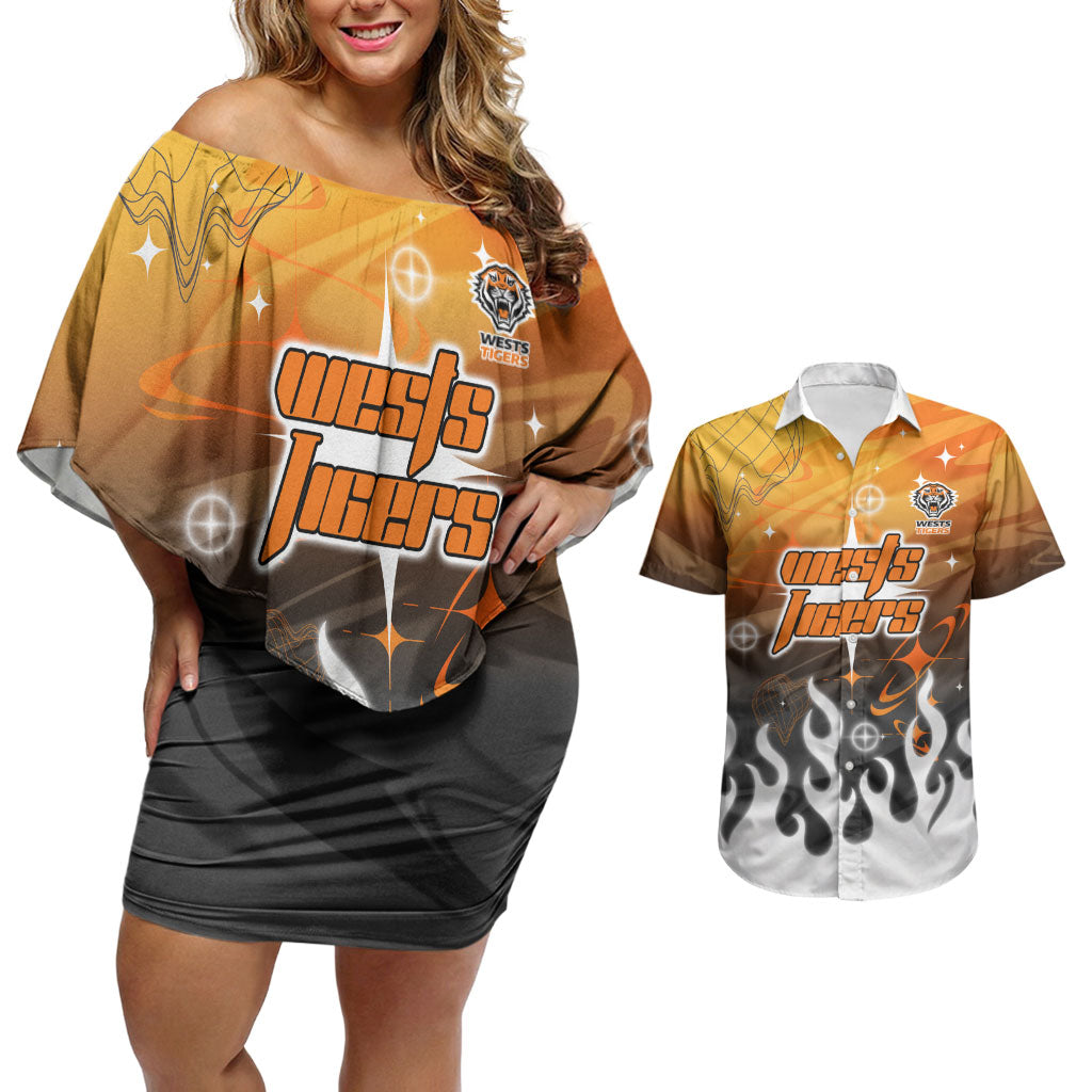 Personalized Wests Tigers Couples Matching Off Shoulder Short Dress and Hawaiian Shirt Y2K Grunge Aesthetic With Cyber Flames and Starburst Graphics