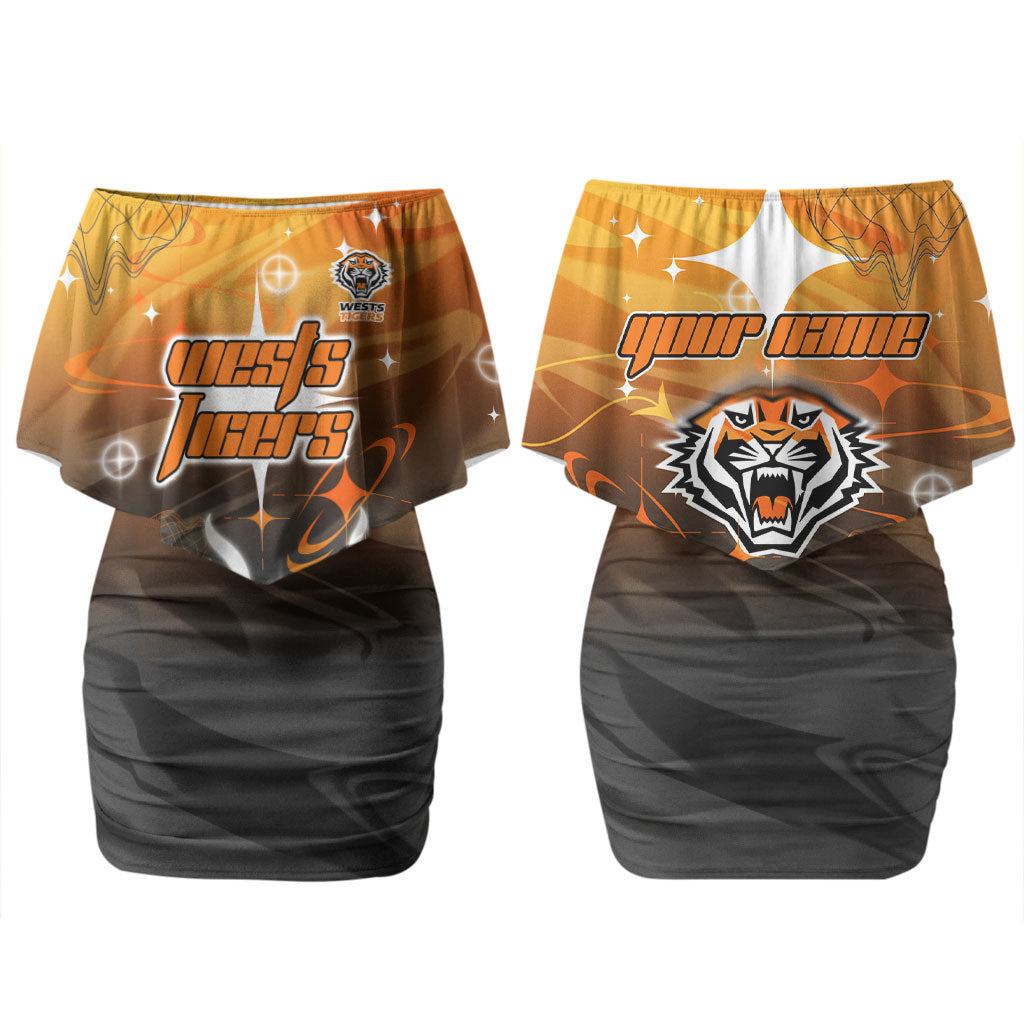 Personalized Wests Tigers Couples Matching Off Shoulder Short Dress and Hawaiian Shirt Y2K Grunge Aesthetic With Cyber Flames and Starburst Graphics