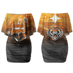 Personalized Wests Tigers Couples Matching Off Shoulder Short Dress and Hawaiian Shirt Y2K Grunge Aesthetic With Cyber Flames and Starburst Graphics