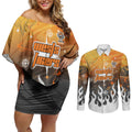 Personalized Wests Tigers Couples Matching Off Shoulder Short Dress and Long Sleeve Button Shirt Y2K Grunge Aesthetic With Cyber Flames and Starburst Graphics