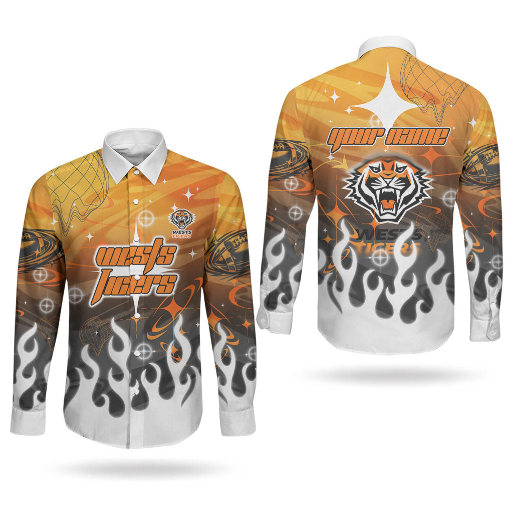 Personalized Wests Tigers Couples Matching Off Shoulder Short Dress and Long Sleeve Button Shirt Y2K Grunge Aesthetic With Cyber Flames and Starburst Graphics