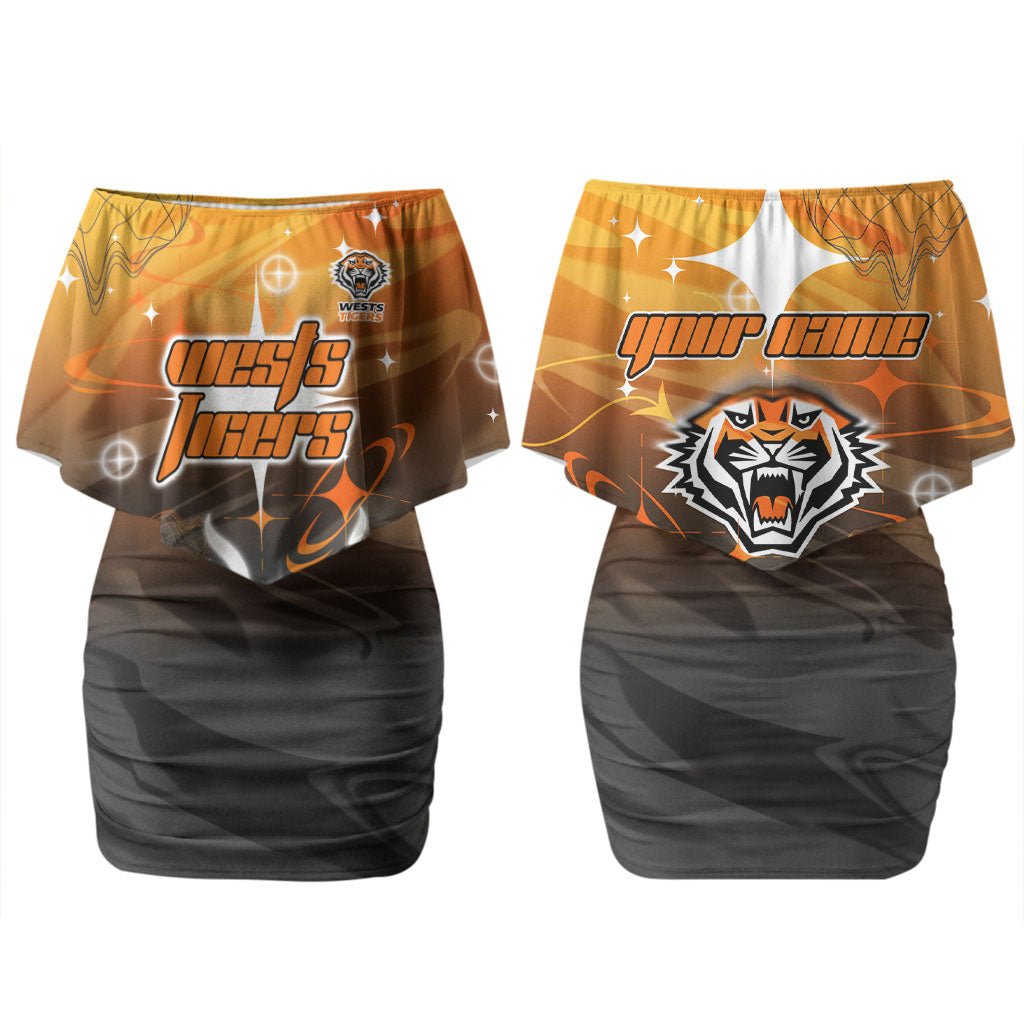 Personalized Wests Tigers Couples Matching Off Shoulder Short Dress and Long Sleeve Button Shirt Y2K Grunge Aesthetic With Cyber Flames and Starburst Graphics
