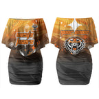 Personalized Wests Tigers Couples Matching Off Shoulder Short Dress and Long Sleeve Button Shirt Y2K Grunge Aesthetic With Cyber Flames and Starburst Graphics