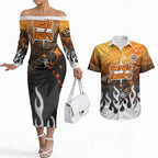 Personalized Wests Tigers Couples Matching Off The Shoulder Long Sleeve Dress and Hawaiian Shirt Y2K Grunge Aesthetic With Cyber Flames and Starburst Graphics