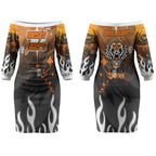 Personalized Wests Tigers Couples Matching Off The Shoulder Long Sleeve Dress and Hawaiian Shirt Y2K Grunge Aesthetic With Cyber Flames and Starburst Graphics