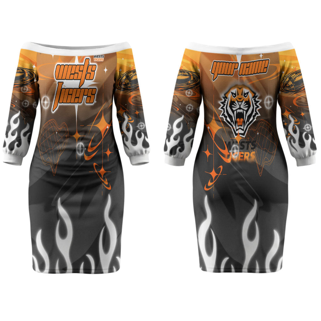 Personalized Wests Tigers Couples Matching Off The Shoulder Long Sleeve Dress and Hawaiian Shirt Y2K Grunge Aesthetic With Cyber Flames and Starburst Graphics