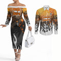 Personalized Wests Tigers Couples Matching Off The Shoulder Long Sleeve Dress and Long Sleeve Button Shirt Y2K Grunge Aesthetic With Cyber Flames and Starburst Graphics