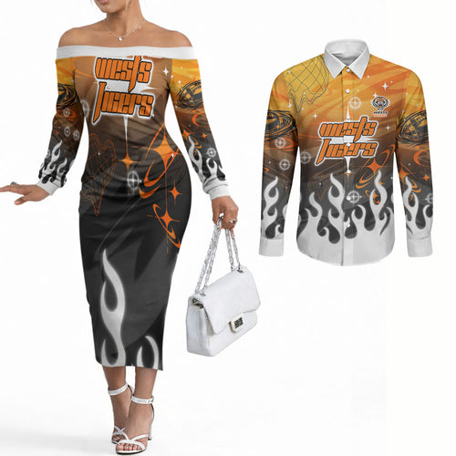 Personalized Wests Tigers Couples Matching Off The Shoulder Long Sleeve Dress and Long Sleeve Button Shirt Y2K Grunge Aesthetic With Cyber Flames and Starburst Graphics
