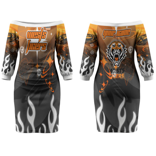 Personalized Wests Tigers Couples Matching Off The Shoulder Long Sleeve Dress and Long Sleeve Button Shirt Y2K Grunge Aesthetic With Cyber Flames and Starburst Graphics