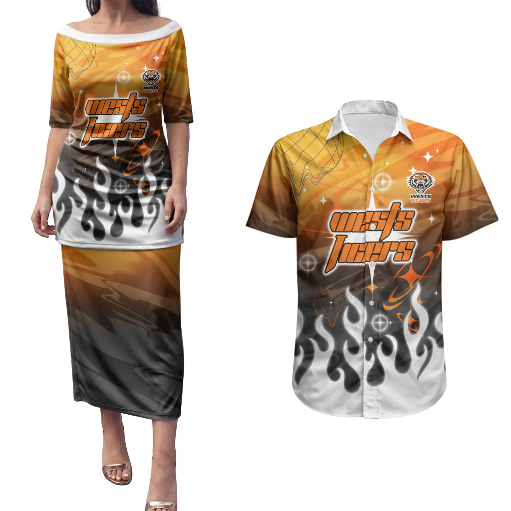 Personalized Wests Tigers Couples Matching Puletasi and Hawaiian Shirt Y2K Grunge Aesthetic With Cyber Flames and Starburst Graphics
