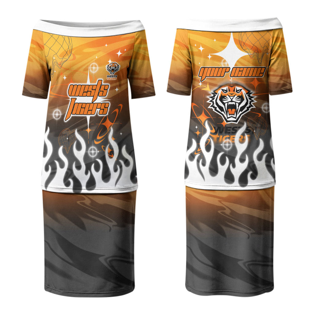 Personalized Wests Tigers Couples Matching Puletasi and Hawaiian Shirt Y2K Grunge Aesthetic With Cyber Flames and Starburst Graphics