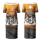 Personalized Wests Tigers Couples Matching Puletasi and Hawaiian Shirt Y2K Grunge Aesthetic With Cyber Flames and Starburst Graphics