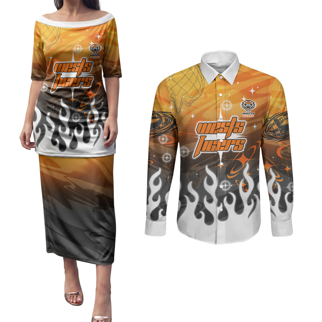 Personalized Wests Tigers Couples Matching Puletasi and Long Sleeve Button Shirt Y2K Grunge Aesthetic With Cyber Flames and Starburst Graphics