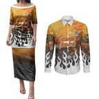 Personalized Wests Tigers Couples Matching Puletasi and Long Sleeve Button Shirt Y2K Grunge Aesthetic With Cyber Flames and Starburst Graphics