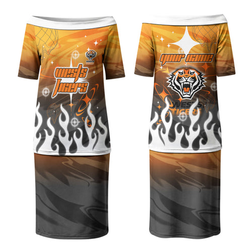 Personalized Wests Tigers Couples Matching Puletasi and Long Sleeve Button Shirt Y2K Grunge Aesthetic With Cyber Flames and Starburst Graphics