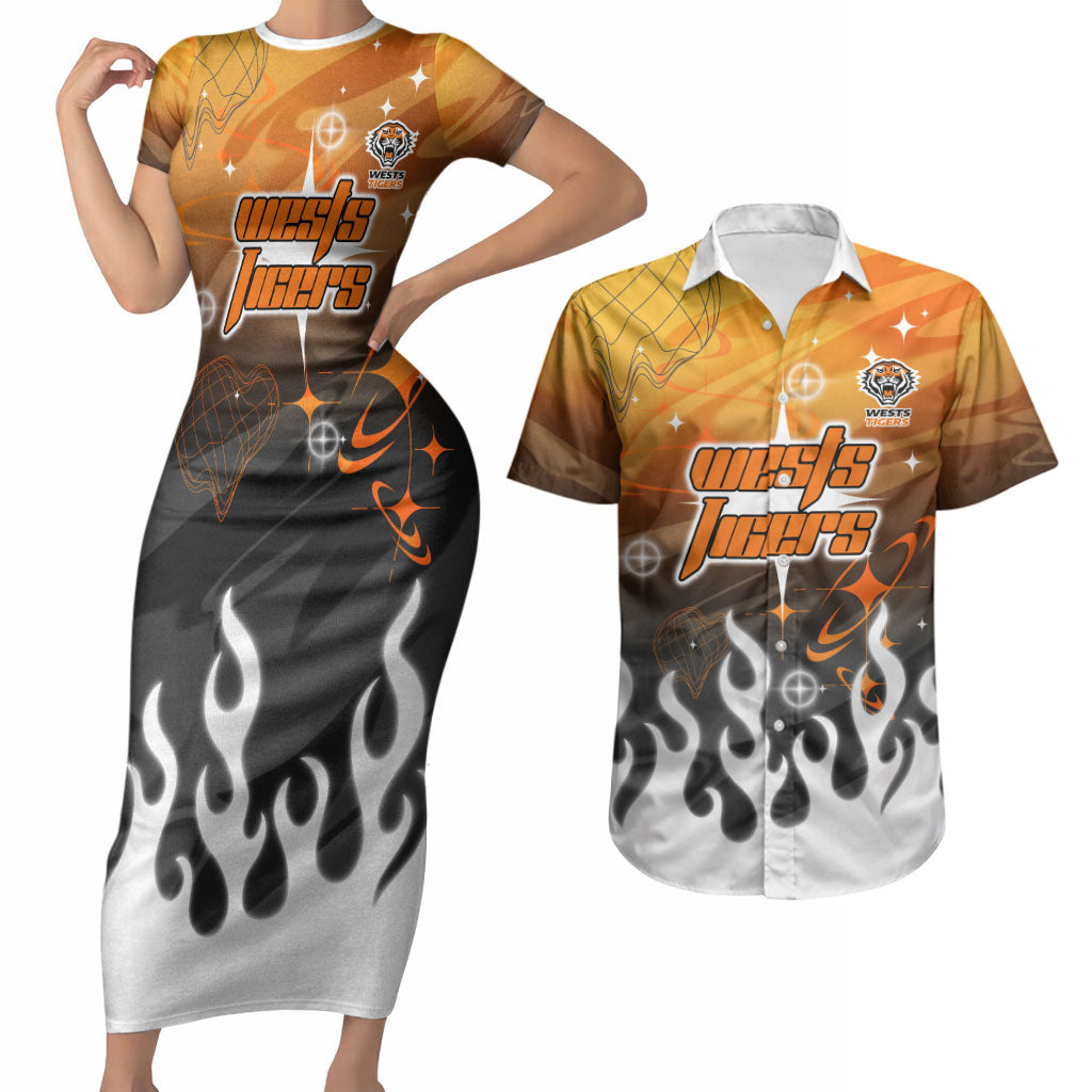 Personalized Wests Tigers Couples Matching Short Sleeve Bodycon Dress and Hawaiian Shirt Y2K Grunge Aesthetic With Cyber Flames and Starburst Graphics