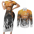 Personalized Wests Tigers Couples Matching Short Sleeve Bodycon Dress and Long Sleeve Button Shirt Y2K Grunge Aesthetic With Cyber Flames and Starburst Graphics