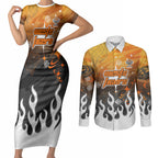 Personalized Wests Tigers Couples Matching Short Sleeve Bodycon Dress and Long Sleeve Button Shirt Y2K Grunge Aesthetic With Cyber Flames and Starburst Graphics