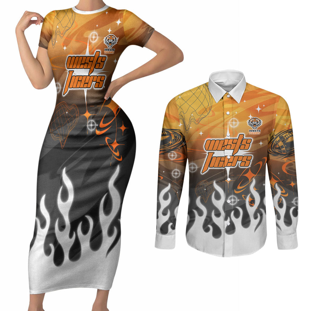 Personalized Wests Tigers Couples Matching Short Sleeve Bodycon Dress and Long Sleeve Button Shirt Y2K Grunge Aesthetic With Cyber Flames and Starburst Graphics