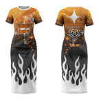 Personalized Wests Tigers Couples Matching Short Sleeve Bodycon Dress and Long Sleeve Button Shirt Y2K Grunge Aesthetic With Cyber Flames and Starburst Graphics