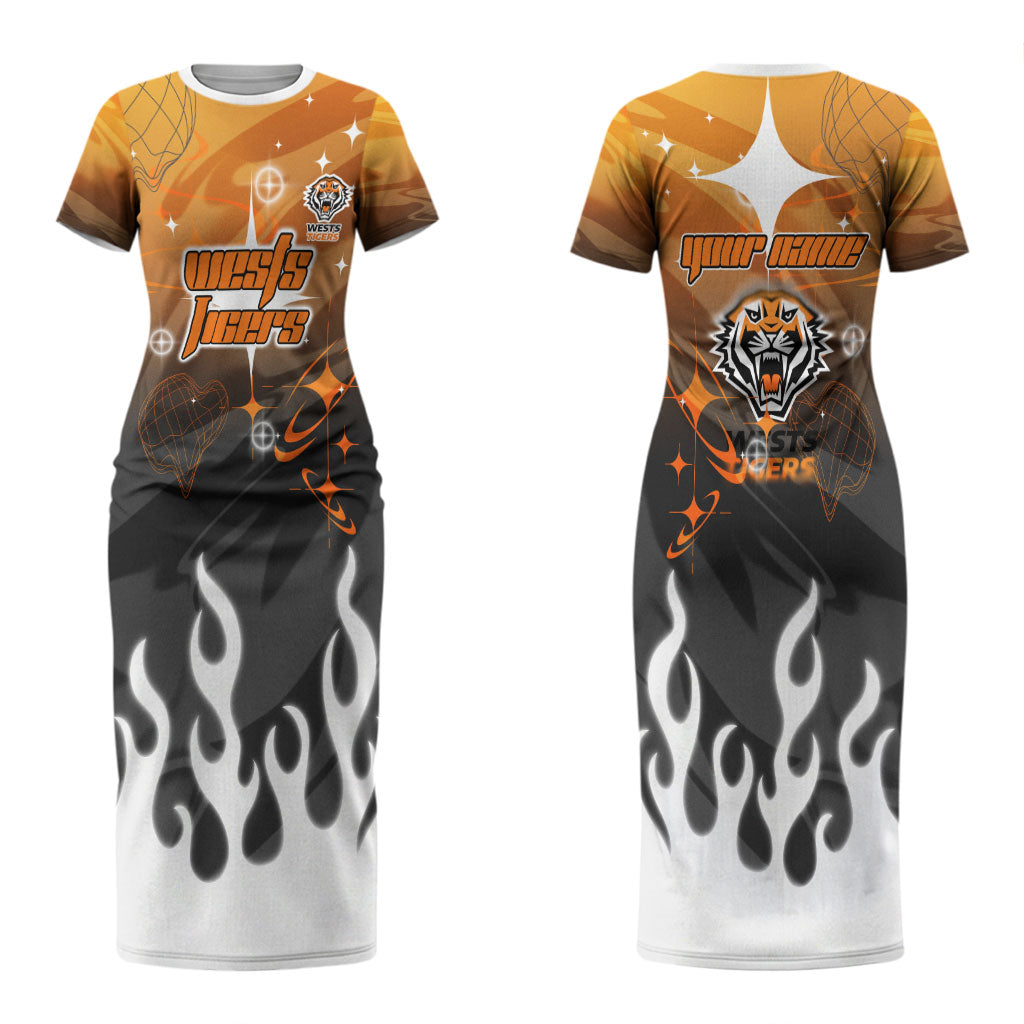 Personalized Wests Tigers Couples Matching Short Sleeve Bodycon Dress and Long Sleeve Button Shirt Y2K Grunge Aesthetic With Cyber Flames and Starburst Graphics