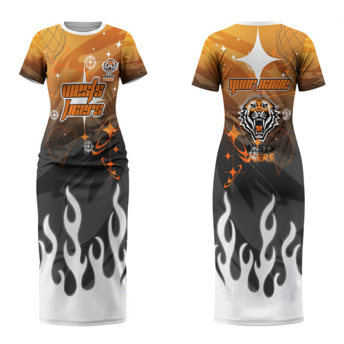 Personalized Wests Tigers Couples Matching Short Sleeve Bodycon Dress and Long Sleeve Button Shirt Y2K Grunge Aesthetic With Cyber Flames and Starburst Graphics