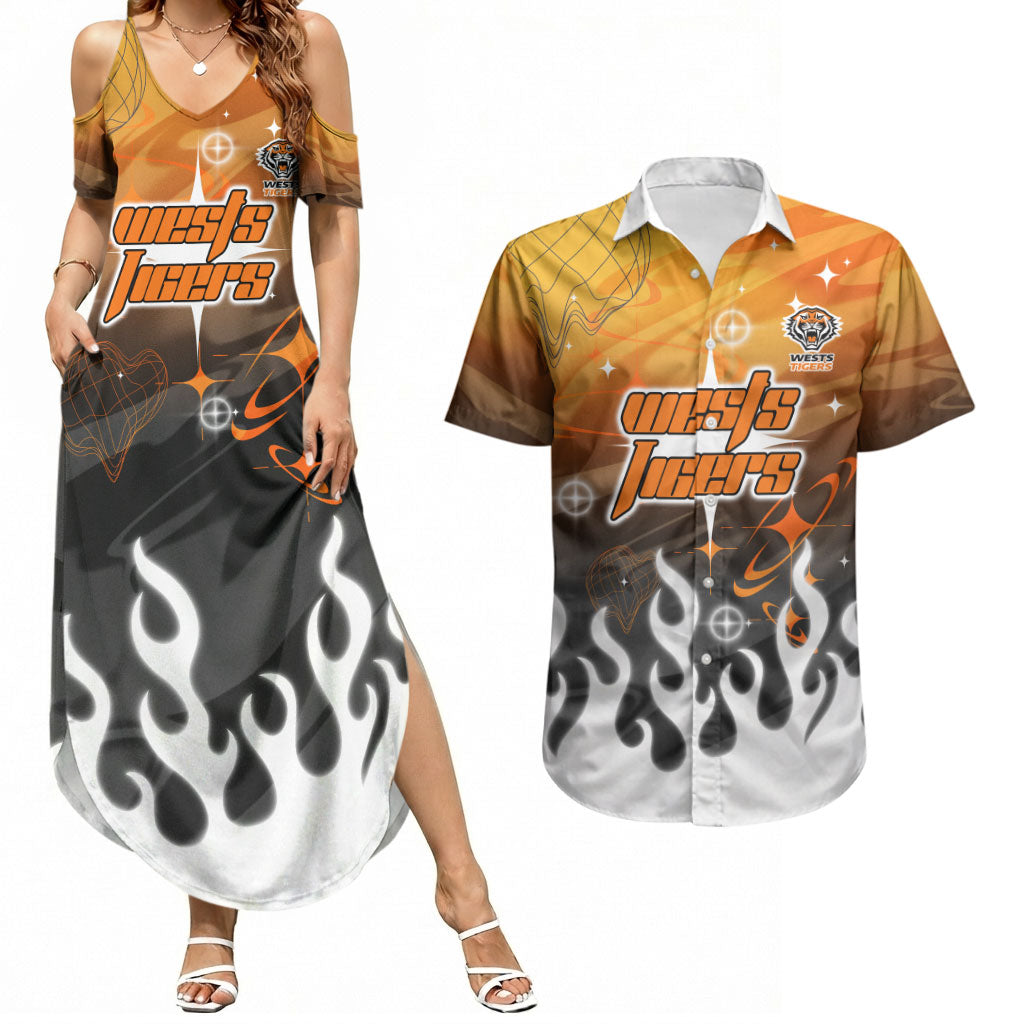 Personalized Wests Tigers Couples Matching Summer Maxi Dress and Hawaiian Shirt Y2K Grunge Aesthetic With Cyber Flames and Starburst Graphics