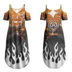 Personalized Wests Tigers Couples Matching Summer Maxi Dress and Hawaiian Shirt Y2K Grunge Aesthetic With Cyber Flames and Starburst Graphics