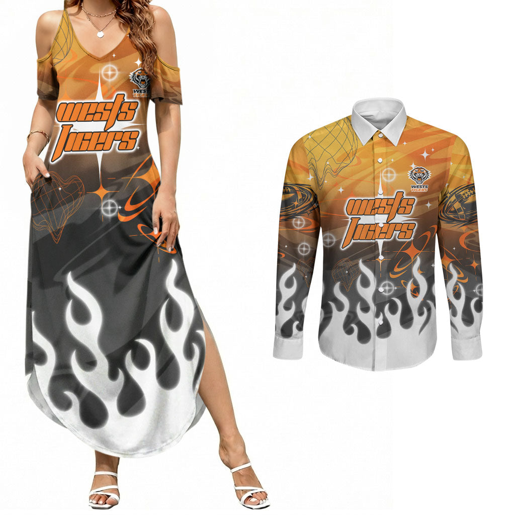 Personalized Wests Tigers Couples Matching Summer Maxi Dress and Long Sleeve Button Shirt Y2K Grunge Aesthetic With Cyber Flames and Starburst Graphics