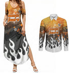 Personalized Wests Tigers Couples Matching Summer Maxi Dress and Long Sleeve Button Shirt Y2K Grunge Aesthetic With Cyber Flames and Starburst Graphics