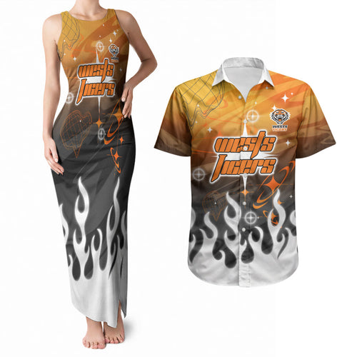 Personalized Wests Tigers Couples Matching Tank Maxi Dress and Hawaiian Shirt Y2K Grunge Aesthetic With Cyber Flames and Starburst Graphics