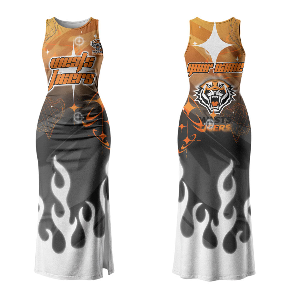 Personalized Wests Tigers Couples Matching Tank Maxi Dress and Hawaiian Shirt Y2K Grunge Aesthetic With Cyber Flames and Starburst Graphics