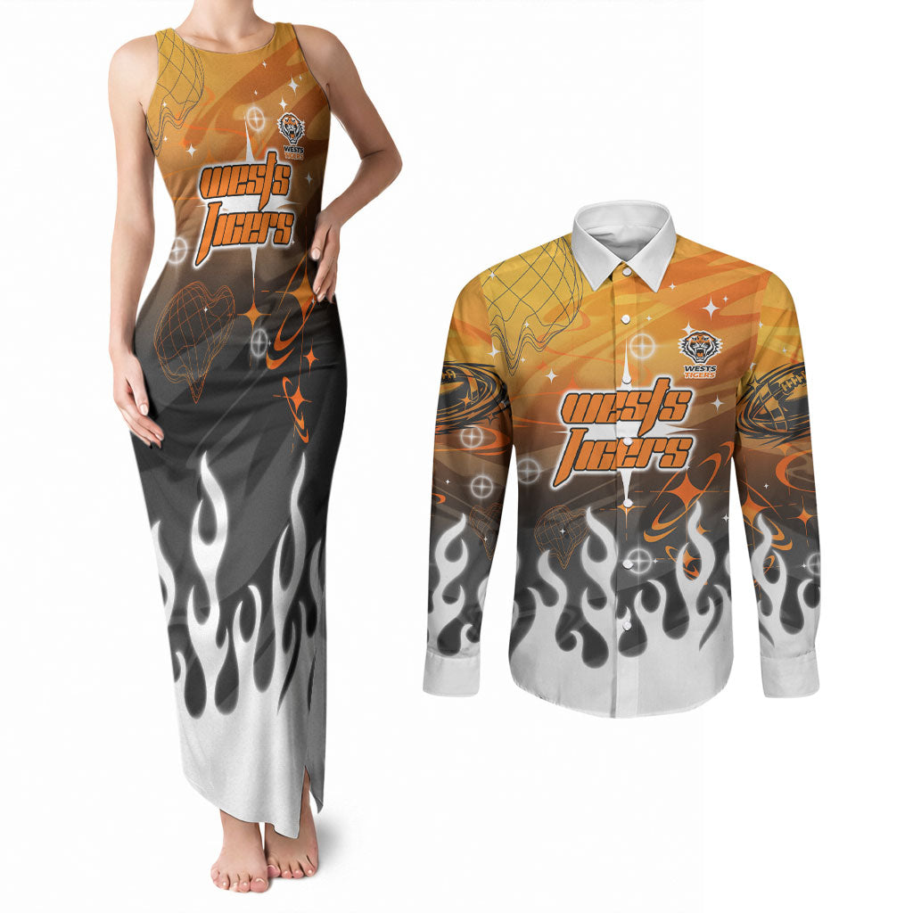 Personalized Wests Tigers Couples Matching Tank Maxi Dress and Long Sleeve Button Shirt Y2K Grunge Aesthetic With Cyber Flames and Starburst Graphics