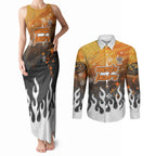 Personalized Wests Tigers Couples Matching Tank Maxi Dress and Long Sleeve Button Shirt Y2K Grunge Aesthetic With Cyber Flames and Starburst Graphics