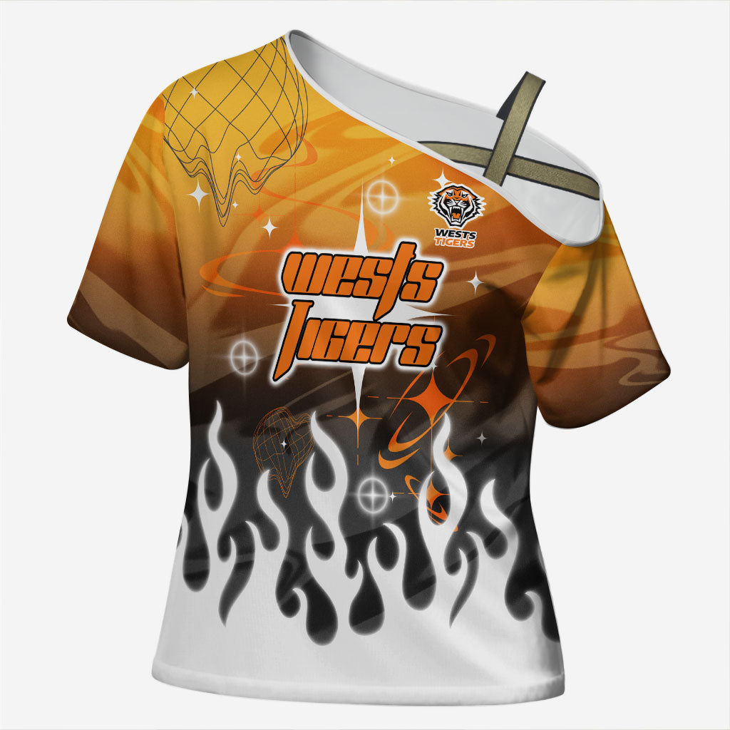 Personalized Wests Tigers Cross Shoulder Shirt Y2K Grunge Aesthetic With Cyber Flames and Starburst Graphics