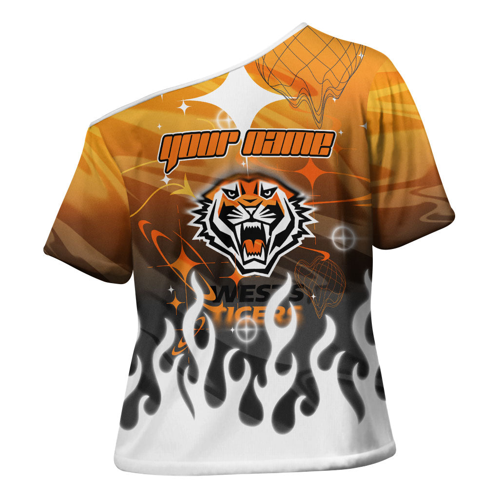Personalized Wests Tigers Cross Shoulder Shirt Y2K Grunge Aesthetic With Cyber Flames and Starburst Graphics