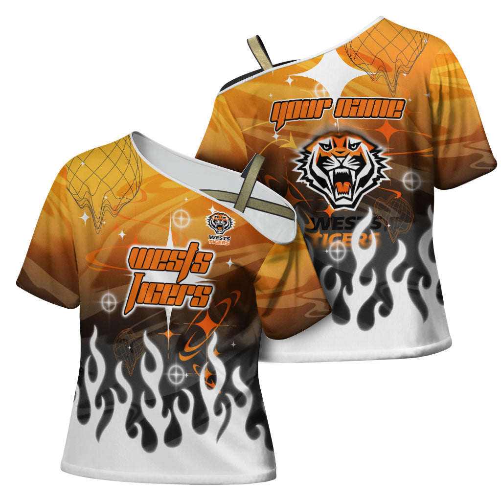 Personalized Wests Tigers Cross Shoulder Shirt Y2K Grunge Aesthetic With Cyber Flames and Starburst Graphics