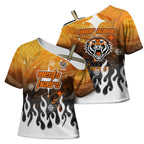 Personalized Wests Tigers Cross Shoulder Shirt Y2K Grunge Aesthetic With Cyber Flames and Starburst Graphics