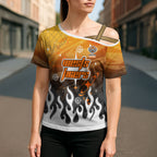 Personalized Wests Tigers Cross Shoulder Shirt Y2K Grunge Aesthetic With Cyber Flames and Starburst Graphics