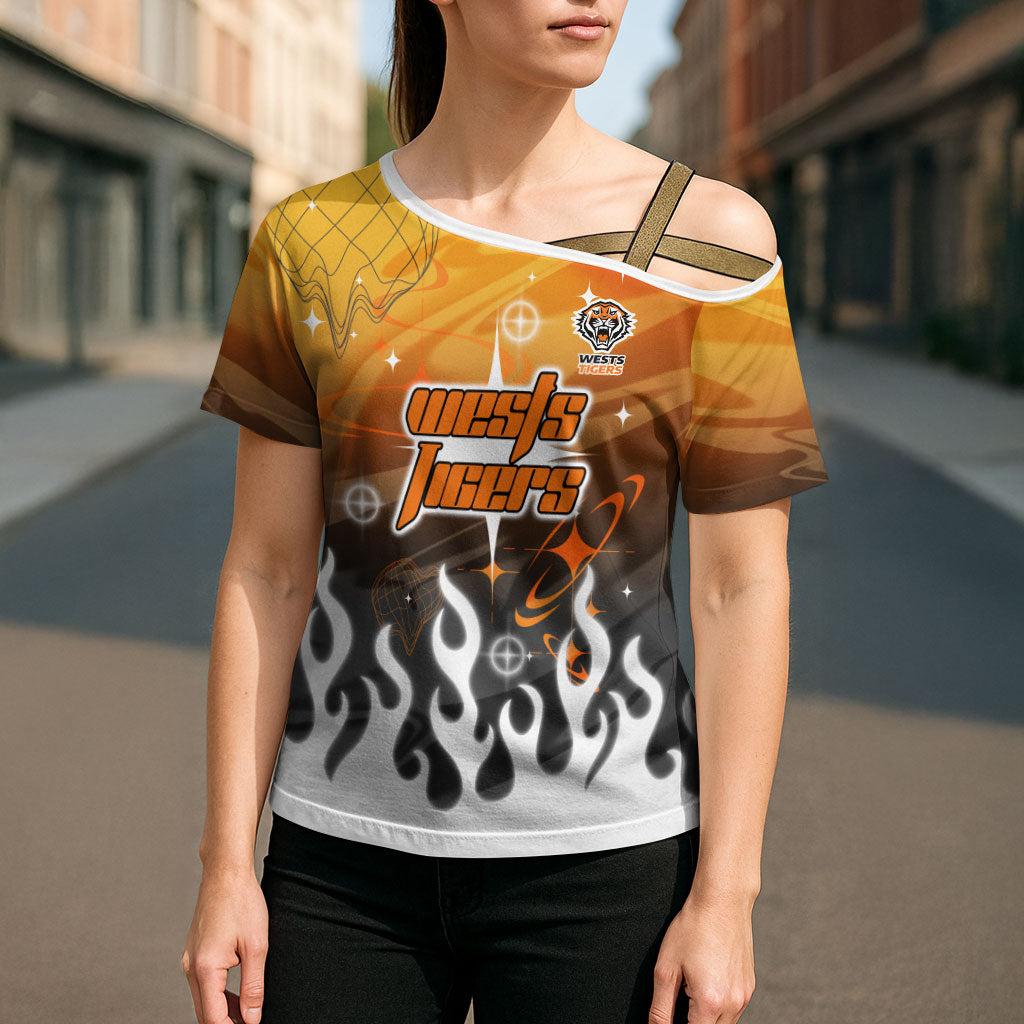 Personalized Wests Tigers Cross Shoulder Shirt Y2K Grunge Aesthetic With Cyber Flames and Starburst Graphics