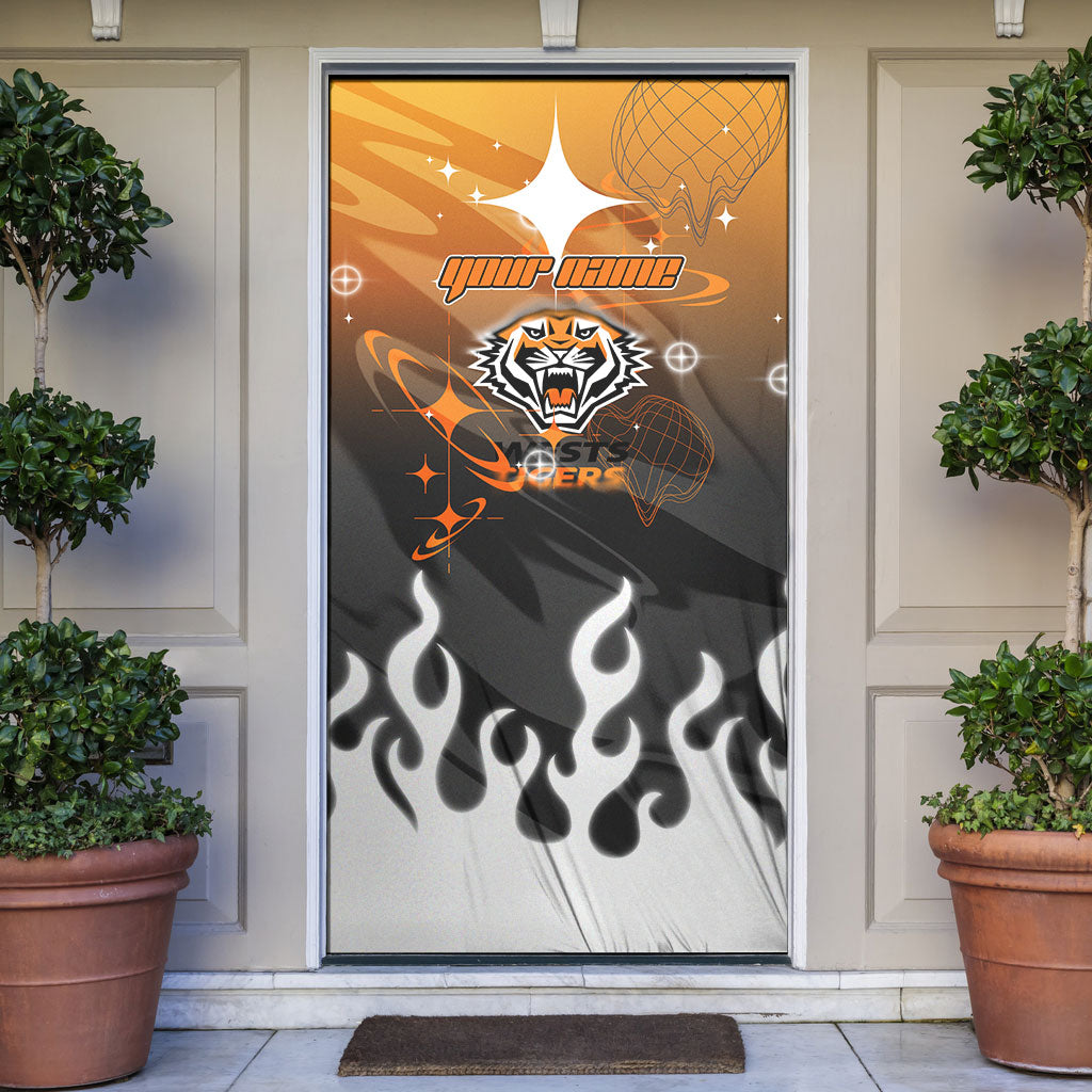 Personalized Wests Tigers Door Cover Y2K Grunge Aesthetic With Cyber Flames and Starburst Graphics