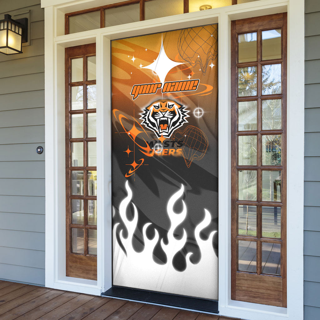 Personalized Wests Tigers Door Cover Y2K Grunge Aesthetic With Cyber Flames and Starburst Graphics